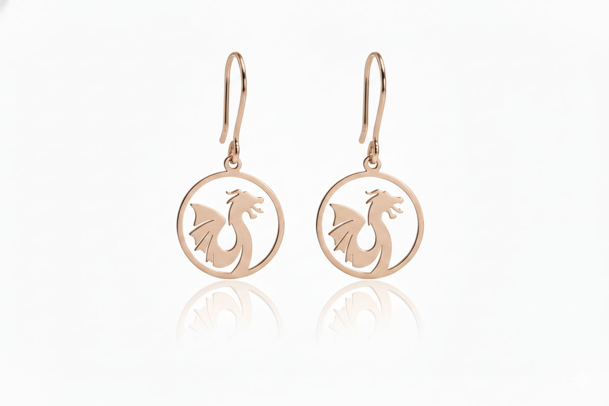 Rose gold earrings with dragon design on a white background