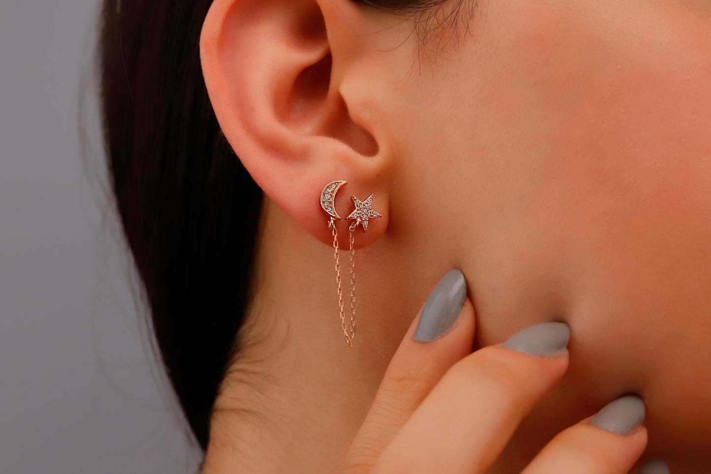 Waterproof Gold Pave Star and Moon Earrings with CZ Diamonds