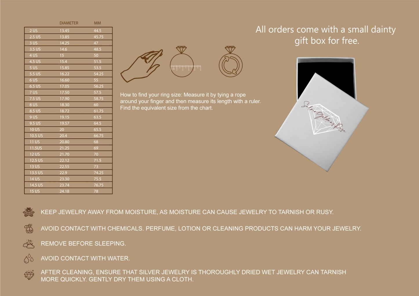Instructions for measuring ring size and information about a free gift box on a brown background