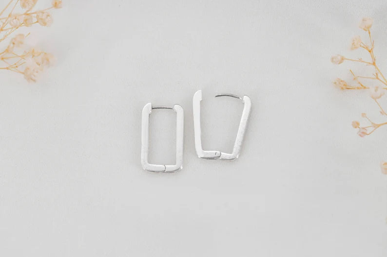 Rectangle Link Huggie Hoop Earrings in Sterling Silver