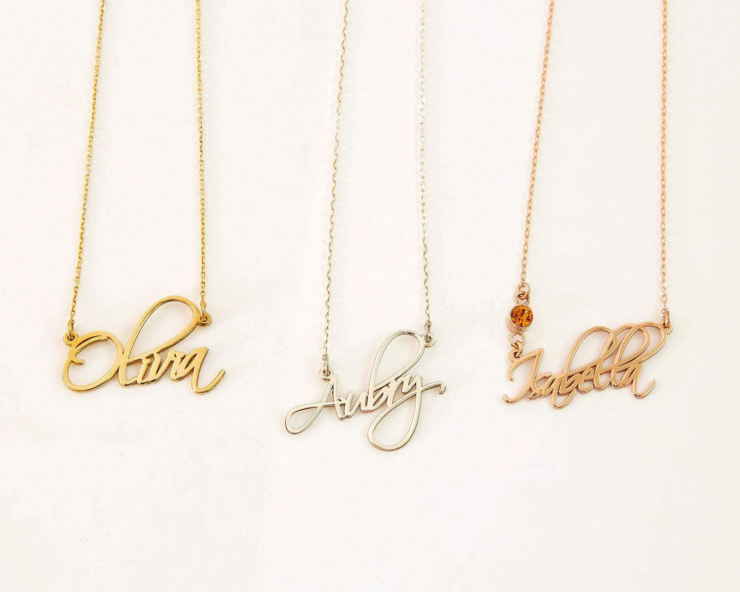 Calligraph Font Custom Name Necklace Gold, Script Cute Minimalist Font Jewelry with Birthstone add on - silvergoldandrose