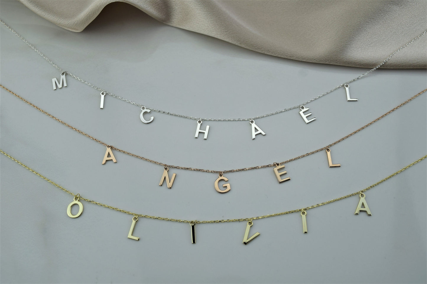 Handmade Initials Name Necklace Gold • Personalized Name Necklace • Custom Jewelry • Silver Dangle Necklace • Custom Spaced Letter Necklace - silvergoldandrose