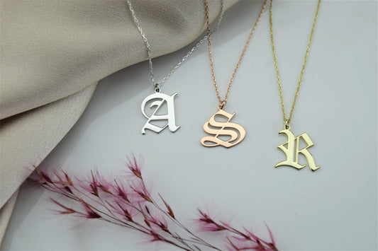 Solid Gold Old English Initial Necklace โ Dainty Handmade Letter Pendant in Gold