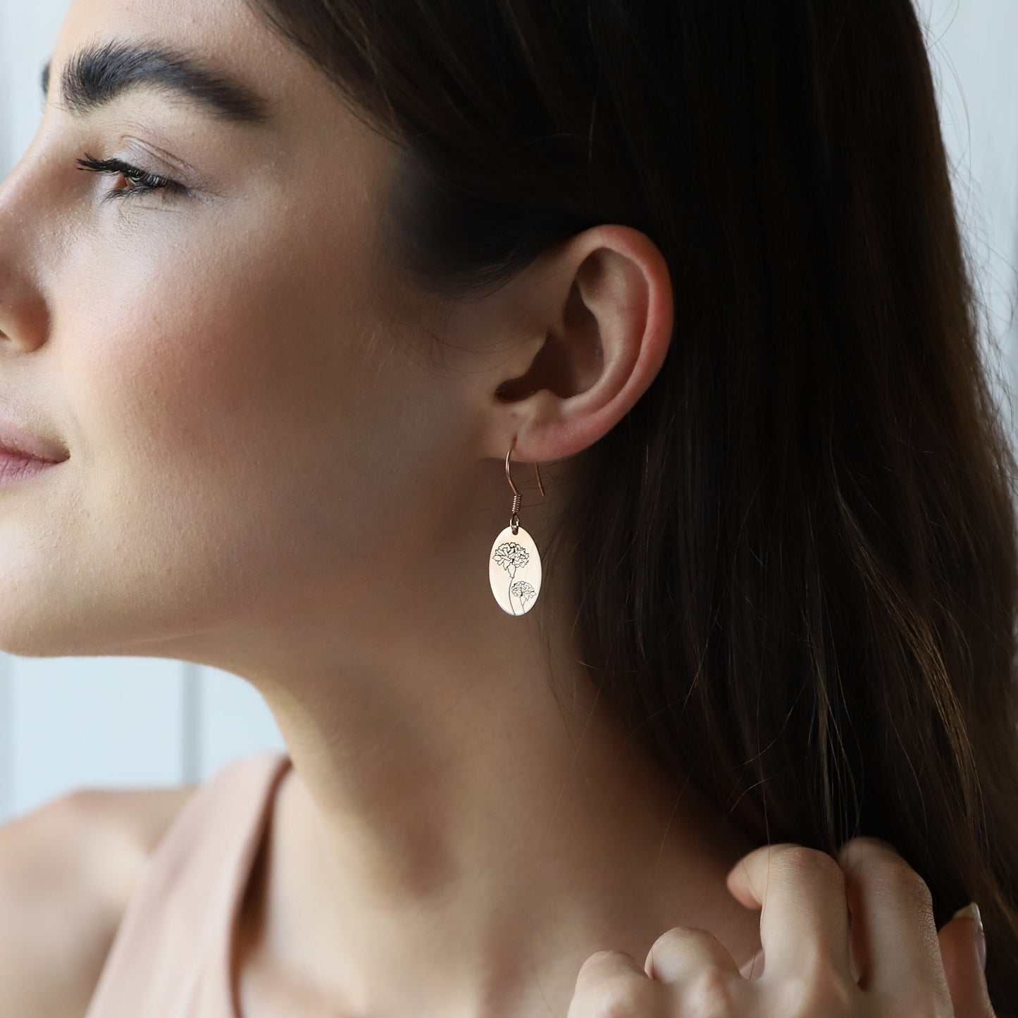 Dainty Dangle Birth Flower Earrings, 14K Rose Gold Minimalist Month Floral Signet Earrings • Personalized Handmade Jewelry - silvergoldandrose