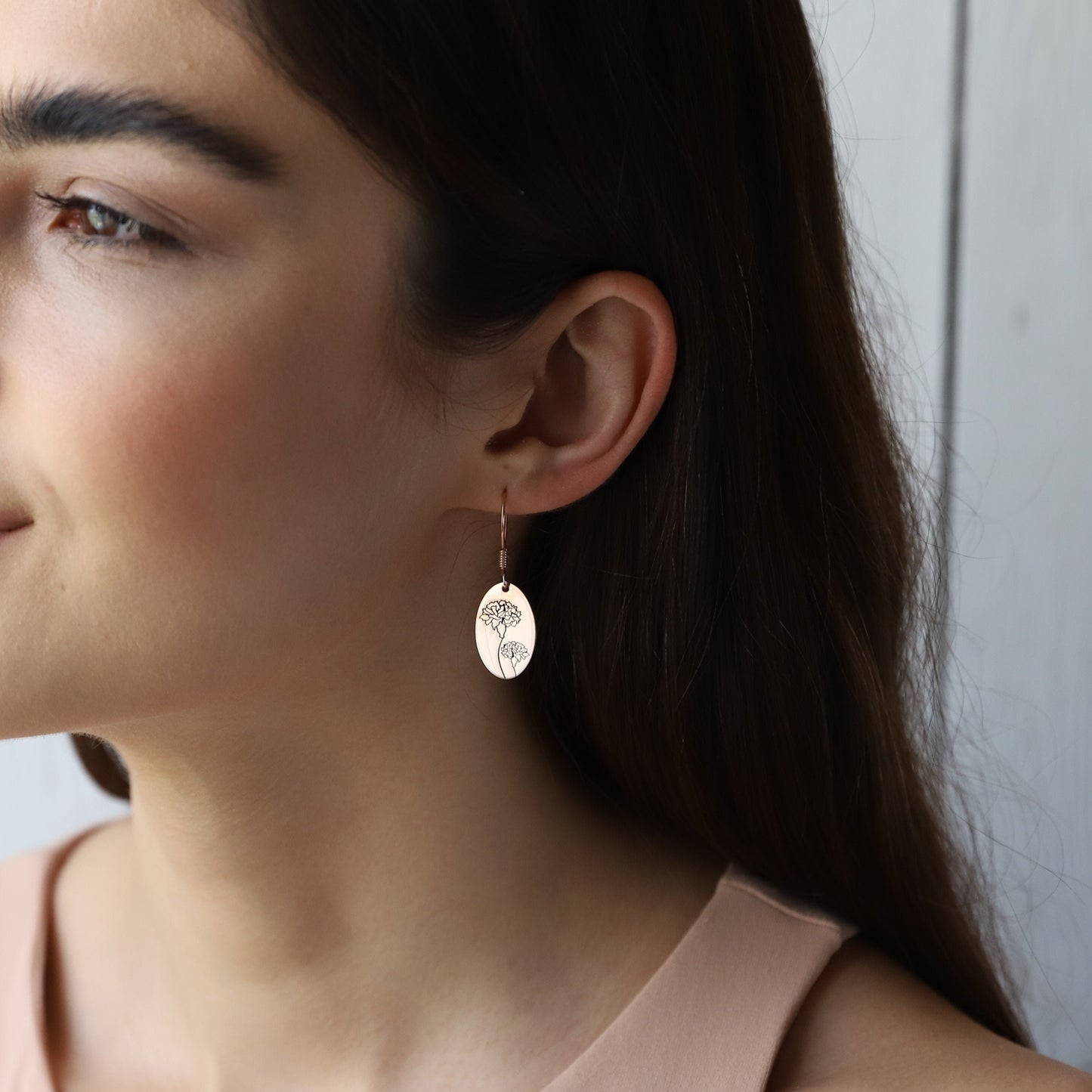 Dainty Dangle Birth Flower Earrings, 14K Rose Gold Minimalist Month Floral Signet Earrings • Personalized Handmade Jewelry - silvergoldandrose