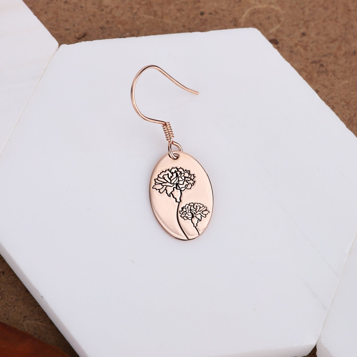 Dainty Dangle Birth Flower Earrings, 14K Rose Gold Minimalist Month Floral Signet Earrings • Personalized Handmade Jewelry - silvergoldandrose