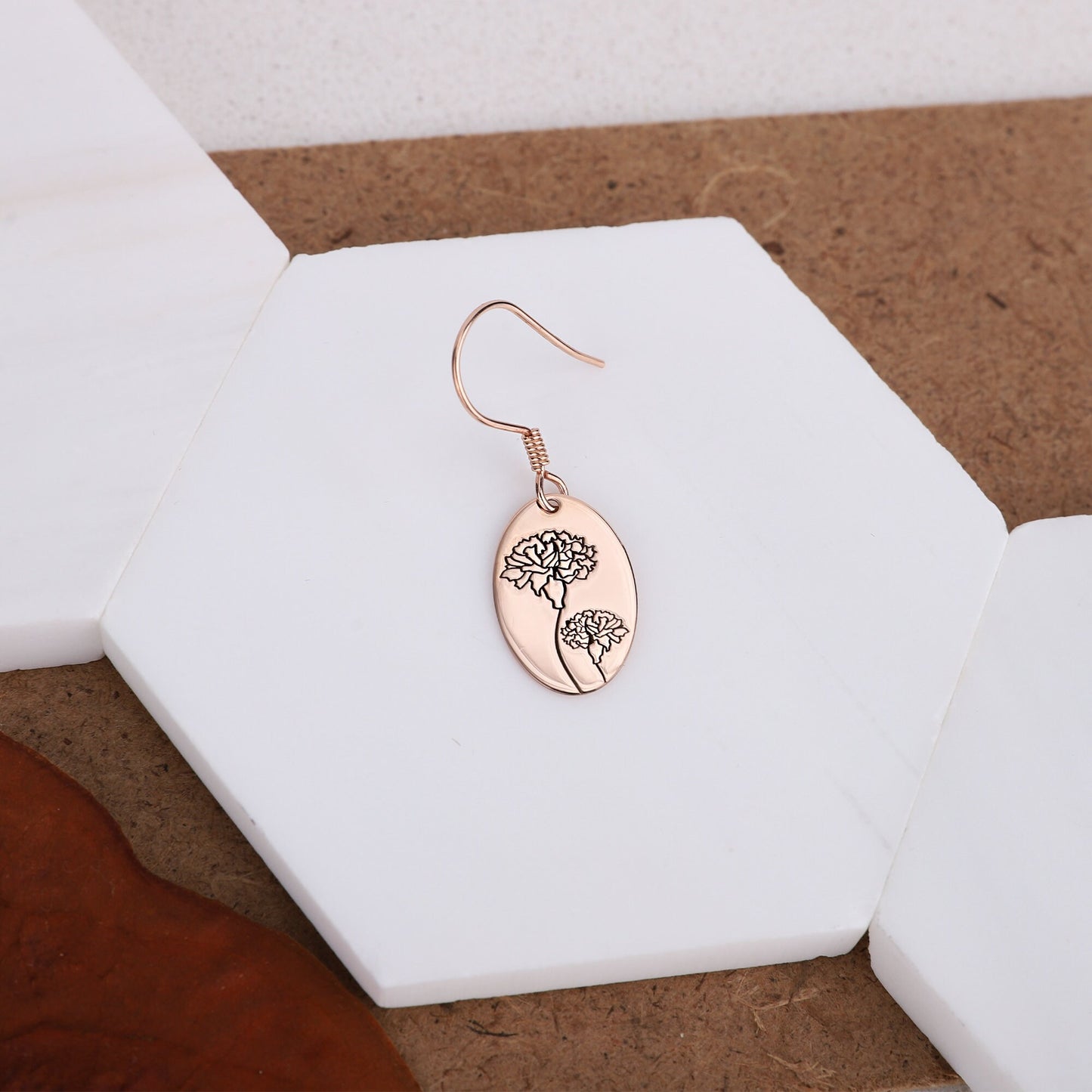 Dainty Dangle Birth Flower Earrings, 14K Rose Gold Minimalist Month Floral Signet Earrings • Personalized Handmade Jewelry - silvergoldandrose