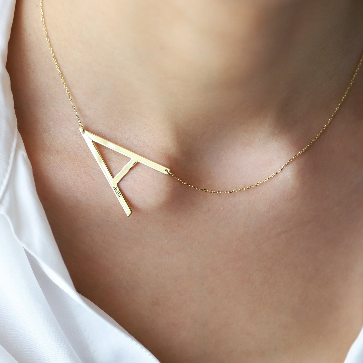 8K Solid Gold Sideways Big Initial Necklace, Personalized Large Letter Monogram with Birthstone add on - silvergoldandrose