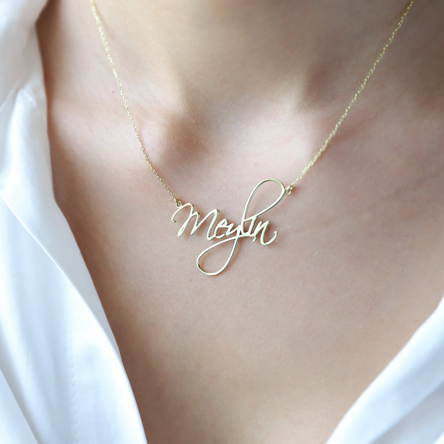 Calligraph Font Custom Name Necklace Gold, Script Cute Minimalist Font Jewelry with Birthstone add on - silvergoldandrose