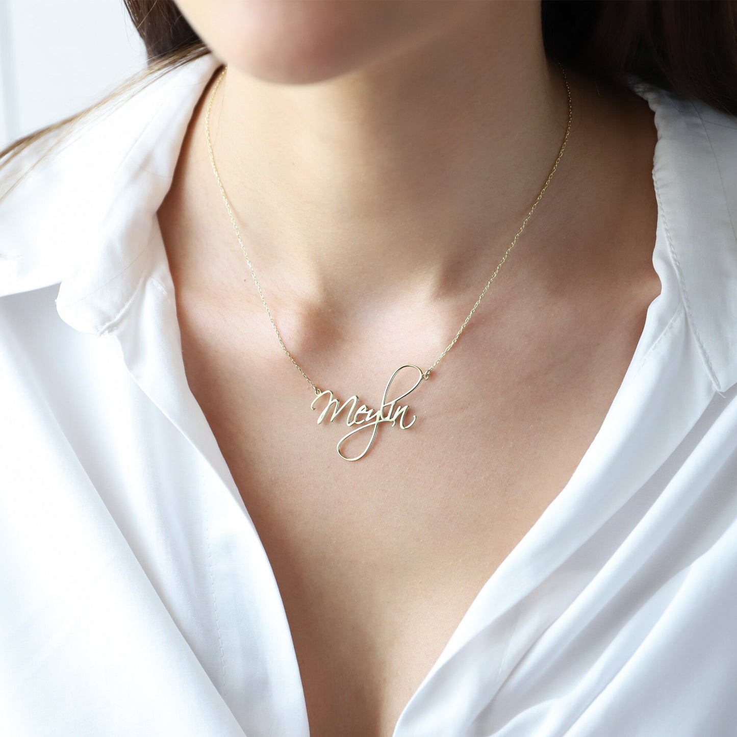 Calligraph Font Custom Name Necklace Gold, Script Cute Minimalist Font Jewelry with Birthstone add on - silvergoldandrose