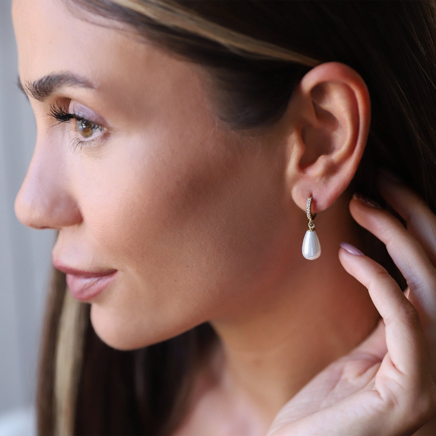 Pearl Huggie Earrings with CZ Diamonds Hoops, Dainty Dangle Earrings | Drop Pearl Earrings | Wedding Jewelry | Bridesmaid Gifts for Her - silvergoldandrose