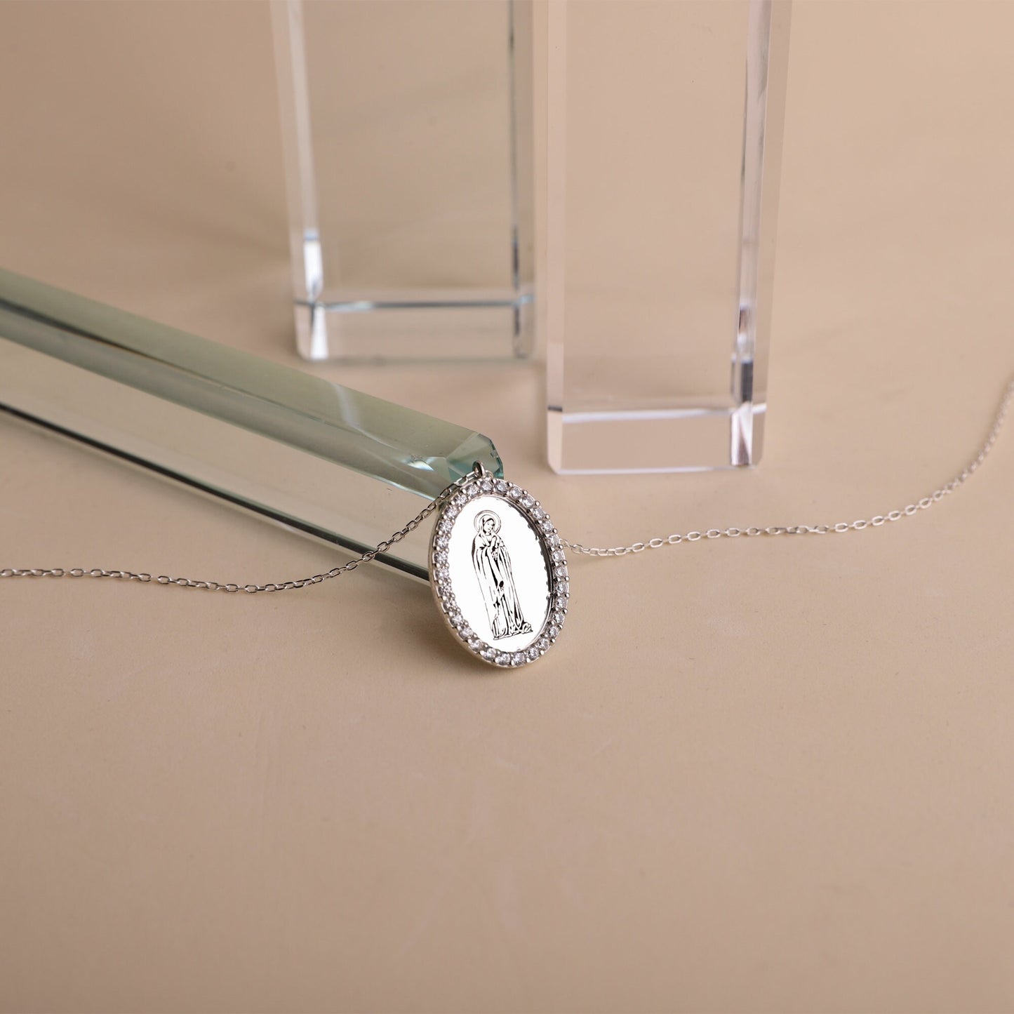 Handmade Virgin Mary Silver Necklace with Cubic Zirconia • Holy Mother Mary Oval Necklace • Symbol Necklace • Gift for Her - silvergoldandrose