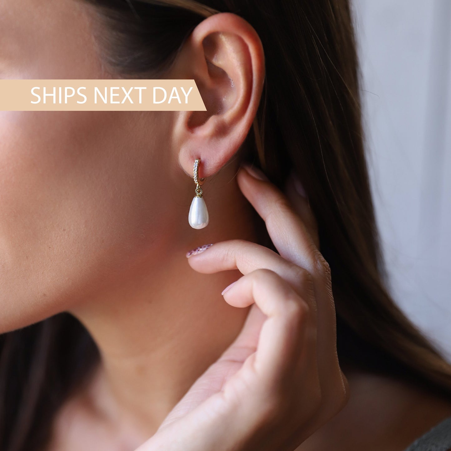 Pearl Huggie Earrings with CZ Diamonds Hoops, Dainty Dangle Earrings | Drop Pearl Earrings | Wedding Jewelry | Bridesmaid Gifts for Her - silvergoldandrose
