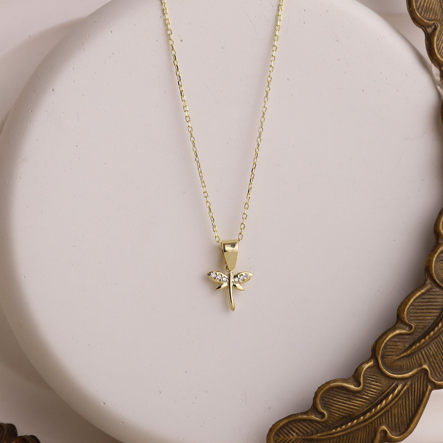 Minimalist CZ Dragonfly Necklace, 14K Gold Dainty Pendant • Simple Gold Filled Fairytale Charm Necklace • Silver Birthday Gift for Women - silvergoldandrose