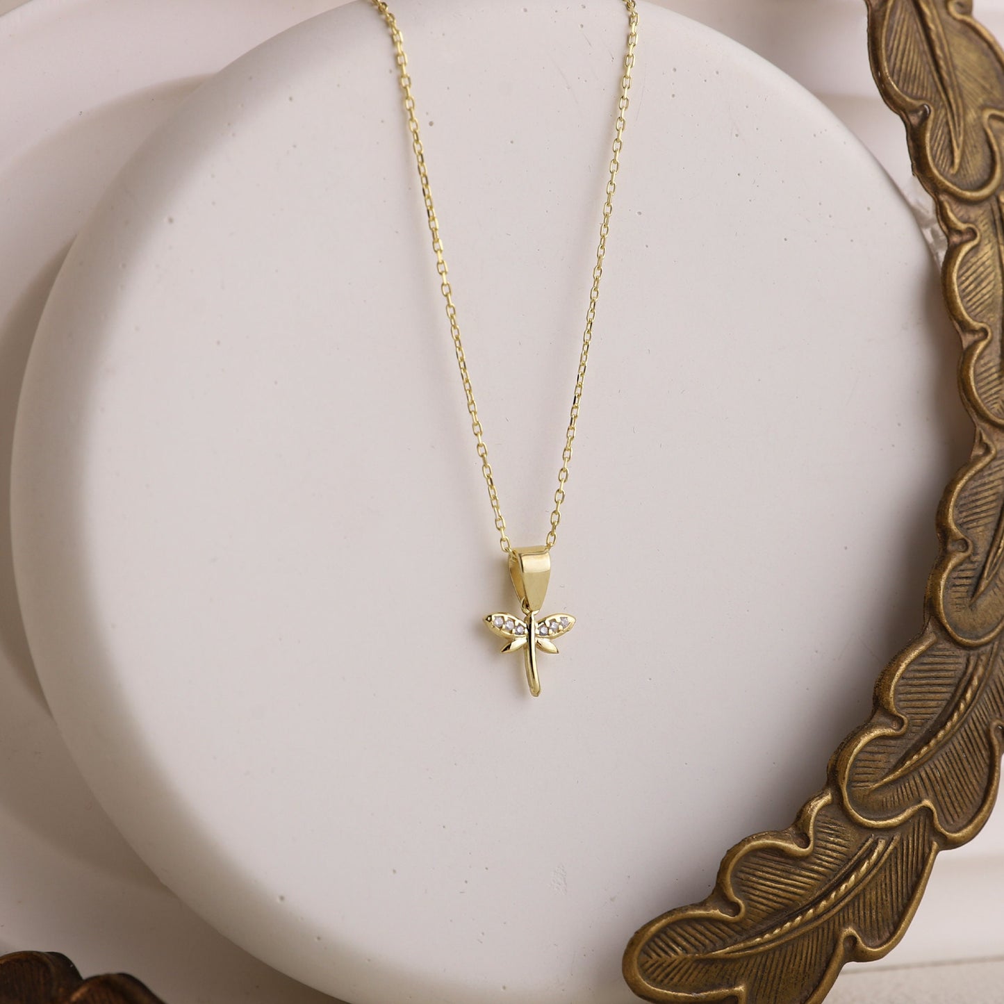 Minimalist CZ Dragonfly Necklace, 14K Gold Dainty Pendant • Simple Gold Filled Fairytale Charm Necklace • Silver Birthday Gift for Women - silvergoldandrose