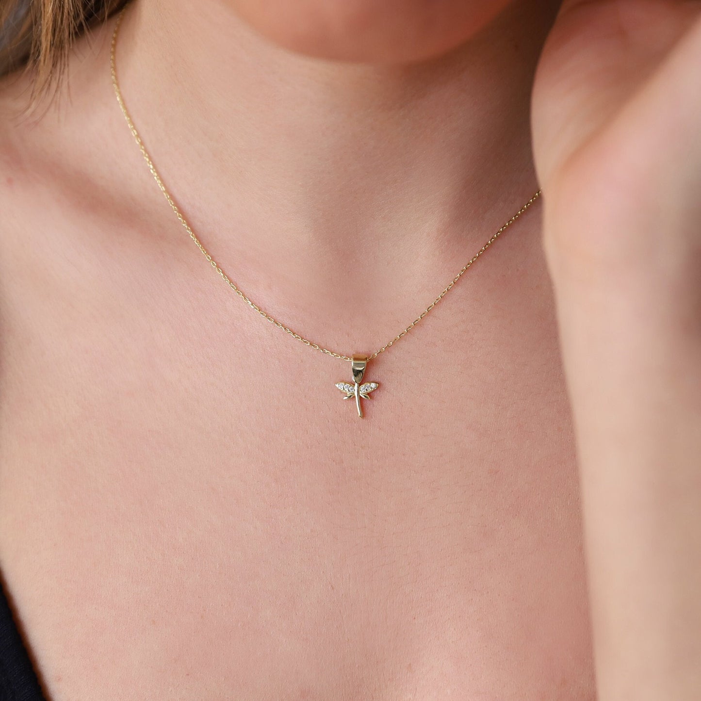 Minimalist CZ Dragonfly Necklace, 14K Gold Dainty Pendant • Simple Gold Filled Fairytale Charm Necklace • Silver Birthday Gift for Women - silvergoldandrose