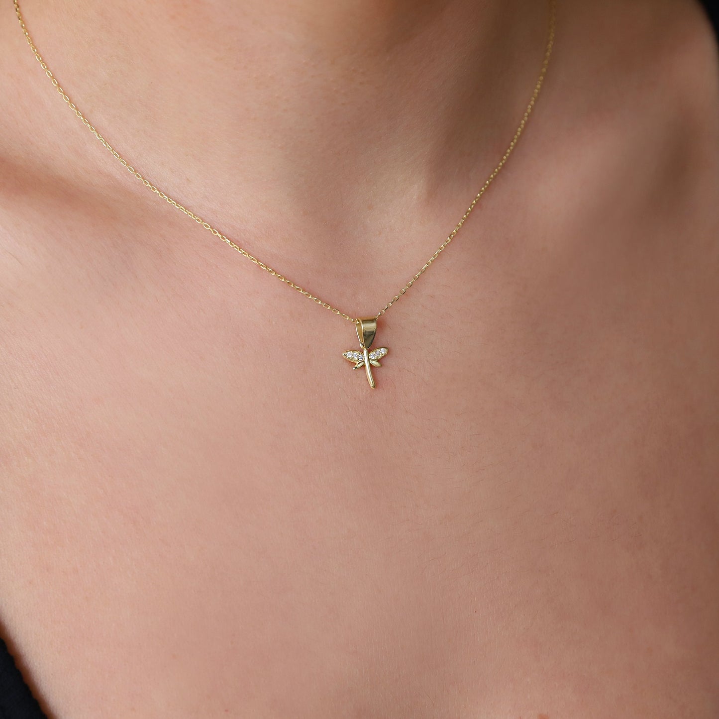 Minimalist CZ Dragonfly Necklace, 14K Gold Dainty Pendant • Simple Gold Filled Fairytale Charm Necklace • Silver Birthday Gift for Women - silvergoldandrose