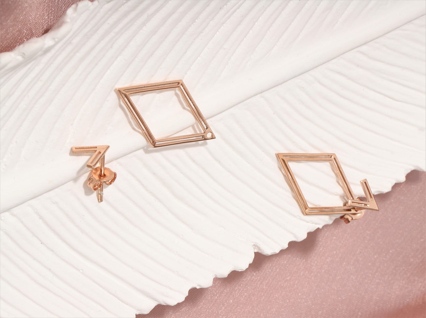 14K Rose Gold Ear Jacket Rhombus Earrings, Geometric Earring, Dainty Pair Earrings, Special Design Earrings by NeckaceDreamWorld - silvergoldandrose