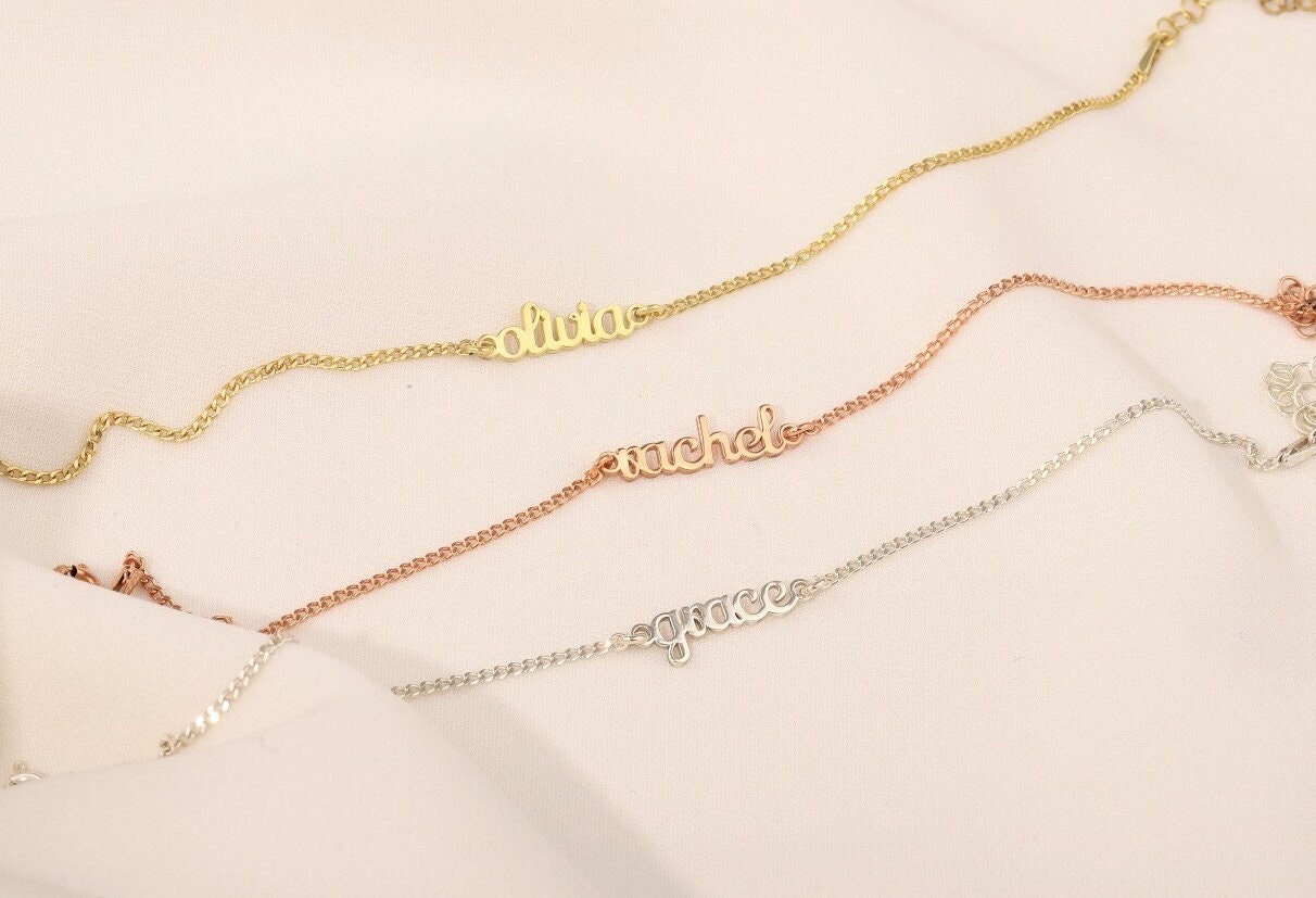 Layering Name Bracelet with Dainty Curb Chain, Personalized Initial Bracelet, Perfect Birthday Gift in Sterling Silver by NecklaceDreamWorld - silvergoldandrose