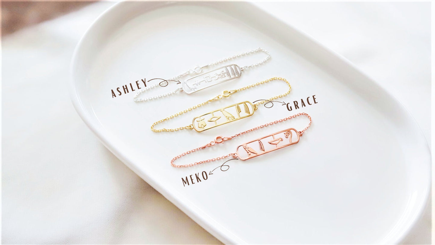 Customized Anubis Bastet Sekhmet Goddess Hieroglyph Bracelet, Gold Egyptian Jewelry by NecklaceDreamWorld, Unique Cartouche Bracelet Gifts - silvergoldandrose