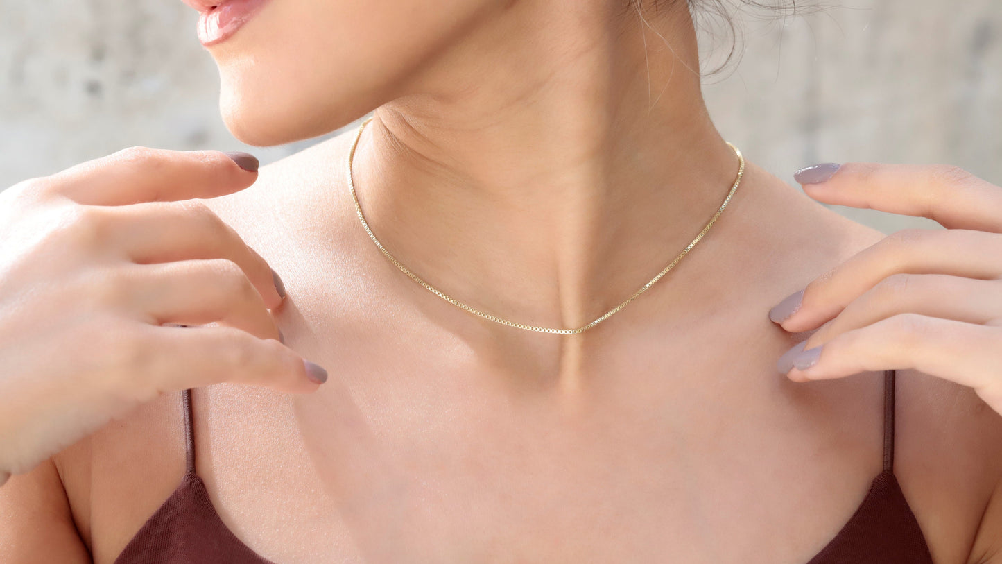 14K Gold Box Chain Necklace, 1mm Box Chain Delicate Choker Jewelry, Dainty Layered Necklace - Perfect Bracelet, Anklet Gifts - silvergoldandrose