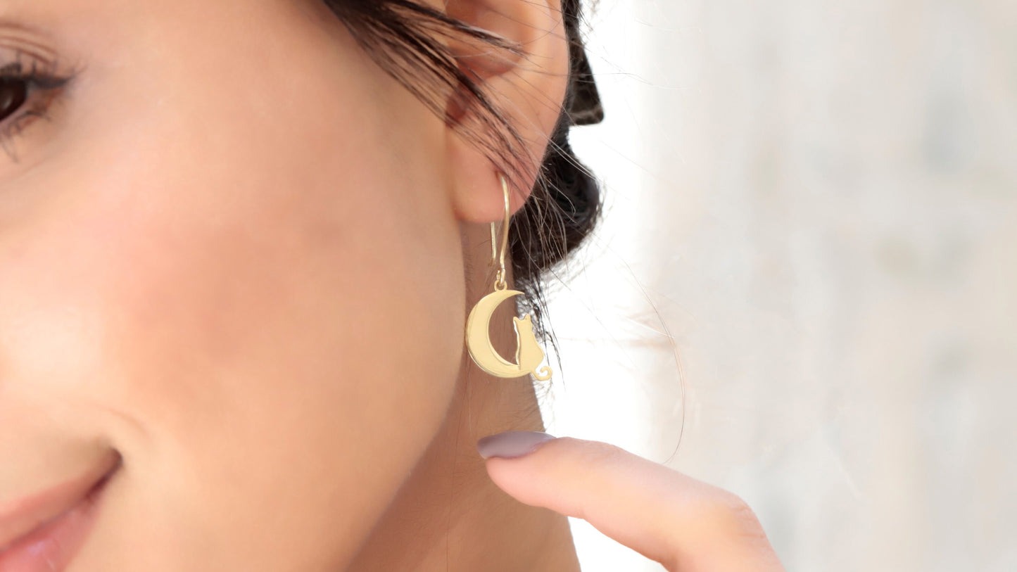Cat Moon Dangle Earrings