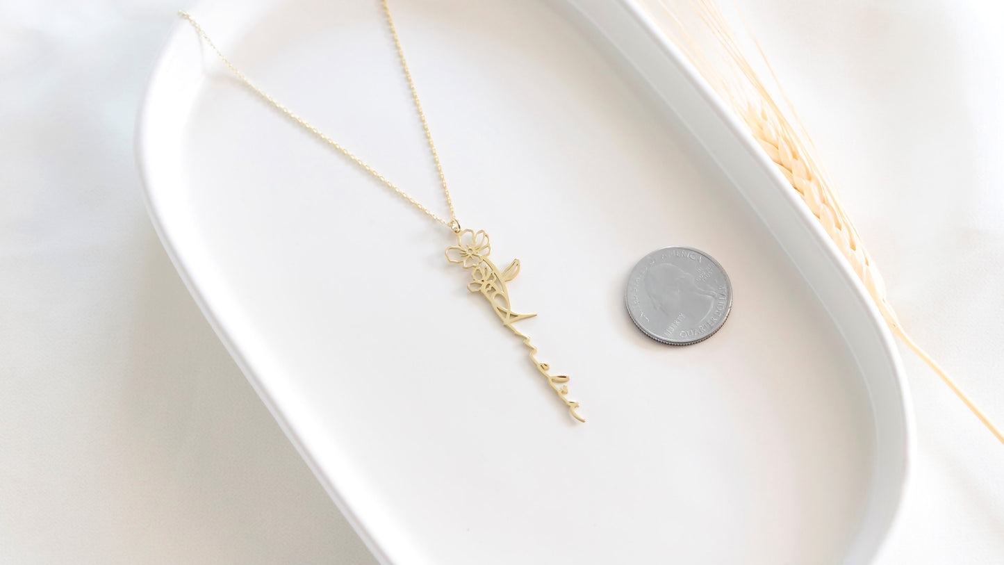 Custom Dainty Birth Flower Name Gold Necklace • Personalized Vertical Name Necklace • High Quality Gifts for Her by NecklaceDreamWorld - silvergoldandrose