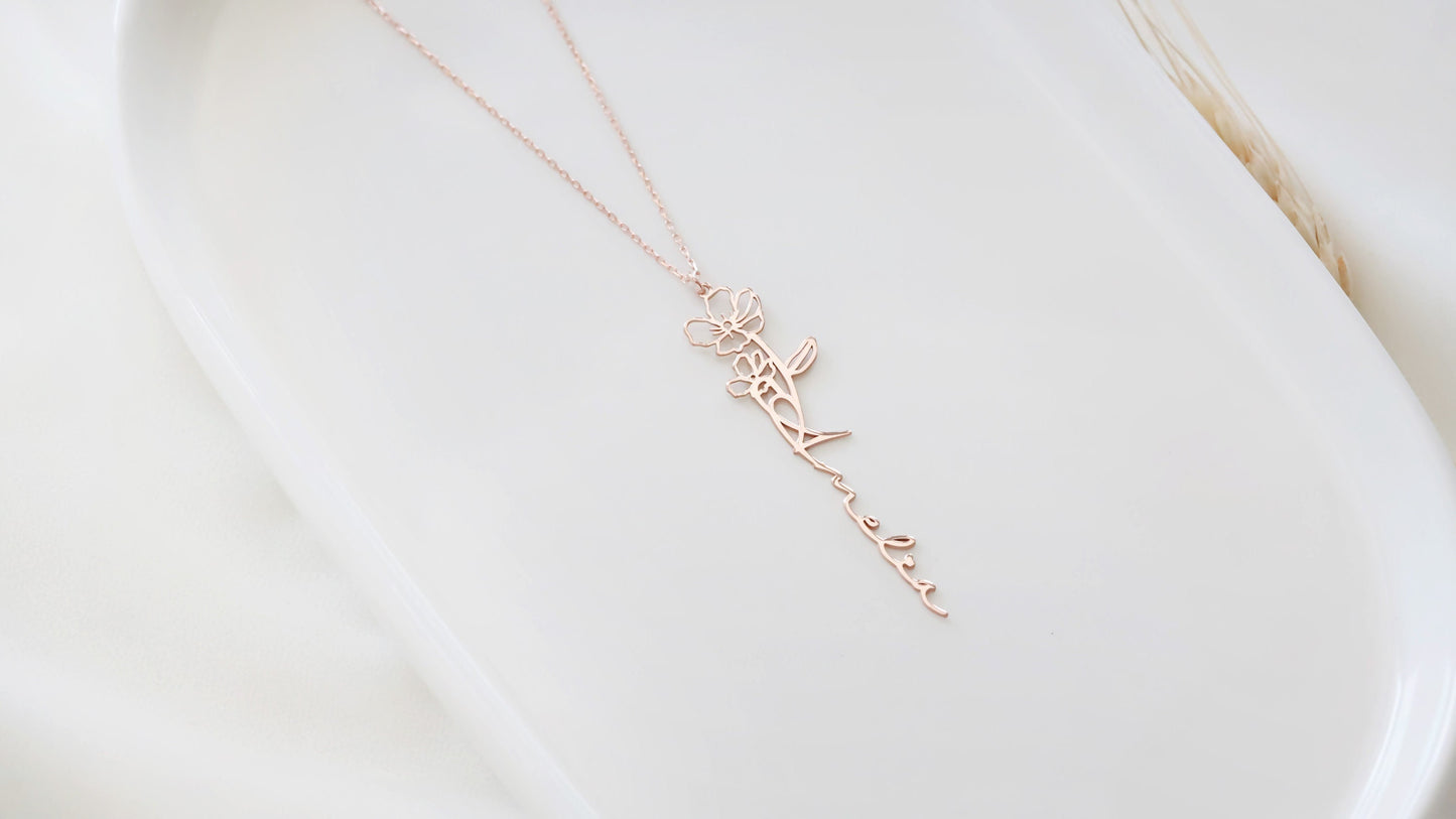 Custom Dainty Birth Flower Name Gold Necklace • Personalized Vertical Name Necklace • High Quality Gifts for Her by NecklaceDreamWorld - silvergoldandrose