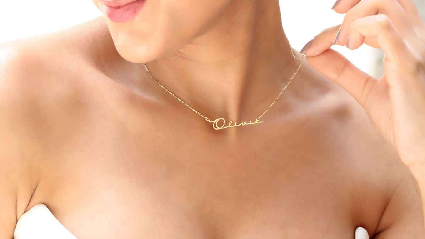 Signature Name Necklace, Cursive Personalized Gold Name Necklace, Tiny Name Necklace, Dainty Name Necklace, Gifts for Her for Mom - silvergoldandrose