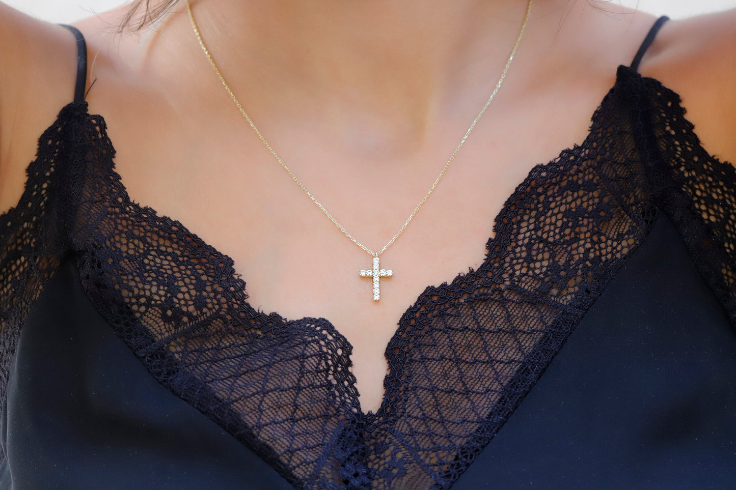 Radiant 14K Gold Diamond Cross Necklace - A Timeless Symbol of Faith and Elegance
