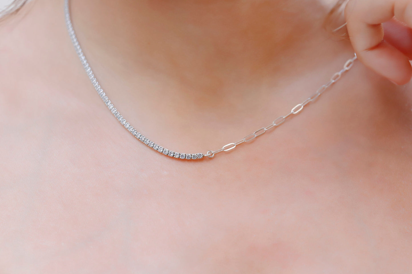 Tennis & Paperclip Fusion Necklace - A Unique Blend of Sporty Elegance