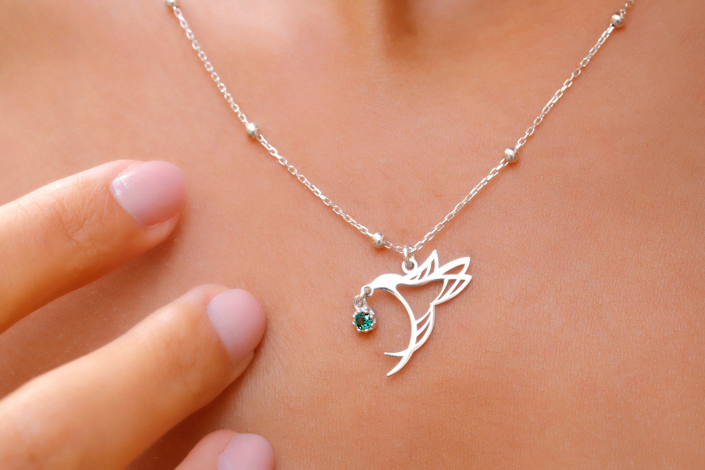 Hummingbird Necklace with Birthstone by Necklace DreamWorld • Good Luck, Love Necklace • Gold Bird Bird Jewelry with Beaded Ball Chain - silvergoldandrose