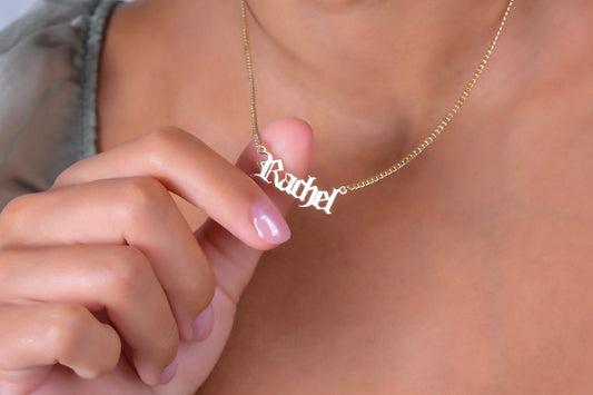 Gothic Old English Name Necklace with Curb Chain in 925 Sterling Silver