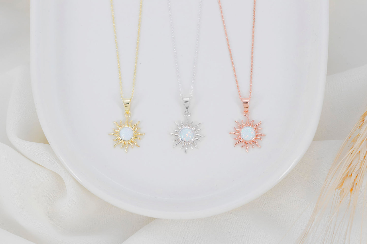Elegant White Opal Sun Necklace by NecklaceDreamWorld | Perfect Design Sunshine Pendant | Celestial Jewelry in Silver, Gold And Rose - silvergoldandrose