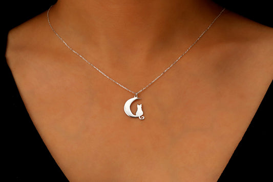 Moonlit Whiskers Sterling Silver Cat on Moon Necklace - Enchanting Celestial Jewelry Gift