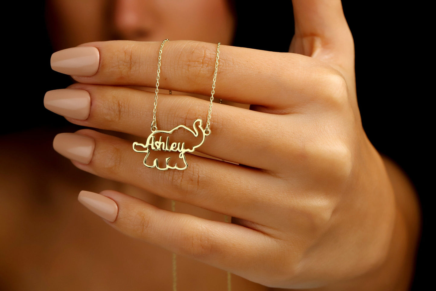 Elephant Silhouette Necklace with Name, Custom Lucky Jewelry, Personalized Kids Name Gifts, Unique Name Necklace,Animal Lover Name Necklace