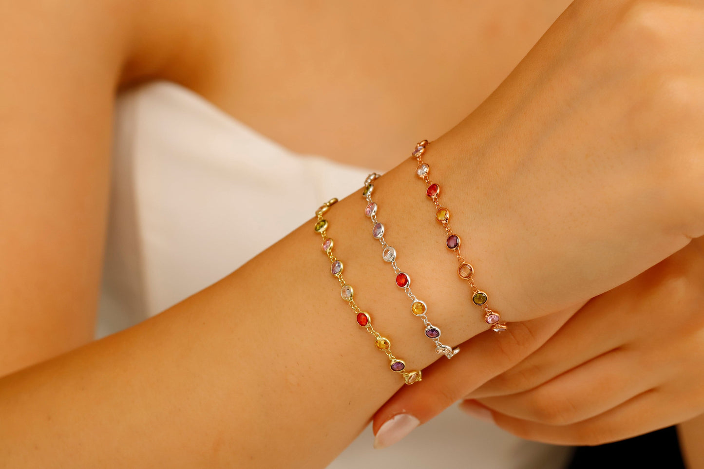 Rainbow Bracelet Multi Station Baguette Bracelet comes in 925 Sterling Silver 14K gold and Rose, Colorful Crystal Gemstone Charm Jewelry - silvergoldandrose