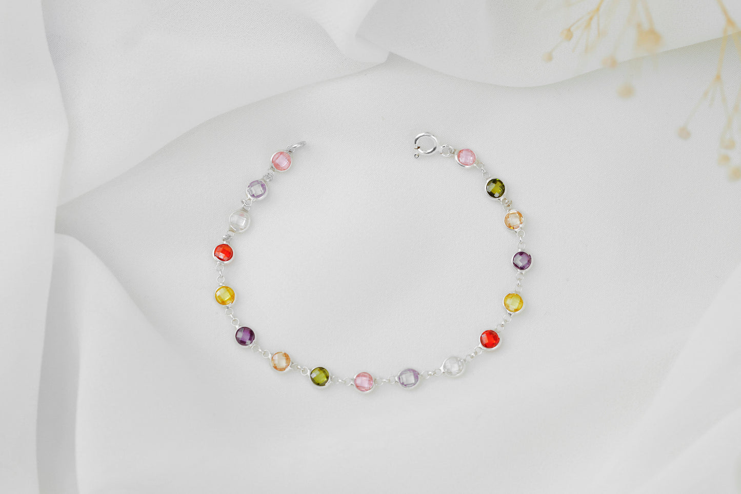 Rainbow Bracelet Multi Station Baguette Bracelet comes in 925 Sterling Silver 14K gold and Rose, Colorful Crystal Gemstone Charm Jewelry - silvergoldandrose