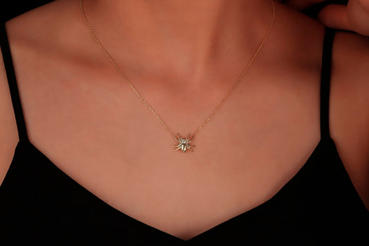A close-up image of a person wearing a 3D spider necklace made of 925 sterling silver.