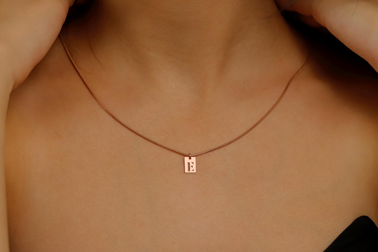 Minimalist Bar Initial Necklace • Tiny Charm Necklace with Snake Chain • Initial Charm • Cut Out Tag Charm • Letter Jewelry Gifts