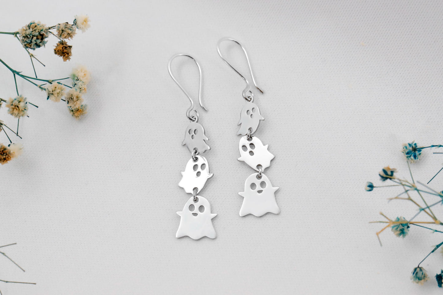 Ghostly Elegance: Sterling Silver Dangle Earrings with 18K Gold Vermeil, Perfect Halloween Accessory