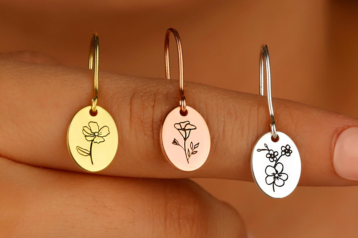 Dainty Dangle Birth Flower Earrings Gold, Sterling Silver Minimalist Month Floral Signet Earrings by NecklaceDreamWorld - silvergoldandrose