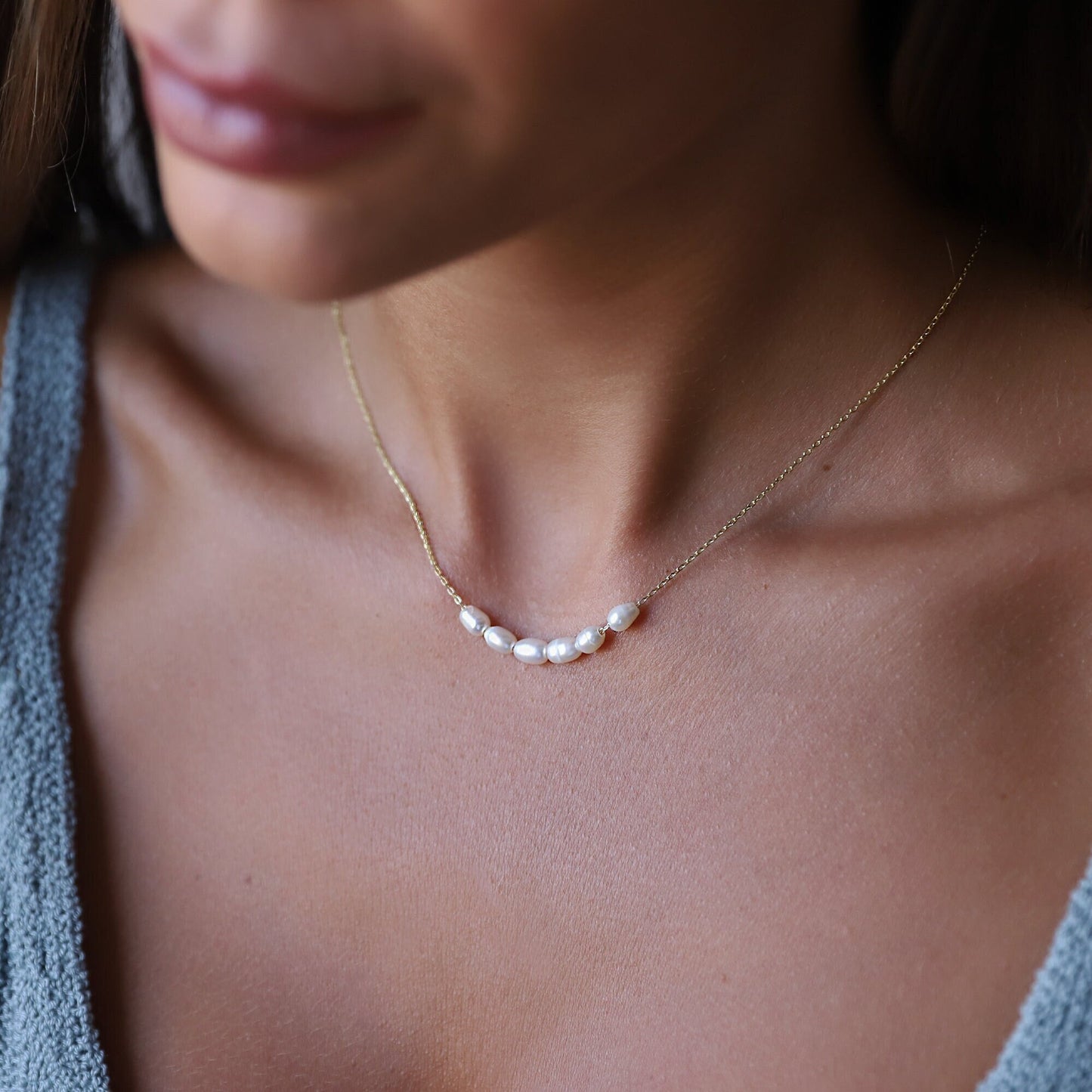 Tiny Pearl Necklace, Bridesmaids Gifts, Pearl Choker Necklace • Bridal Shower Gift • Dainty Minimalist 6 Oval Pearls Freshwater Jewelry - silvergoldandrose