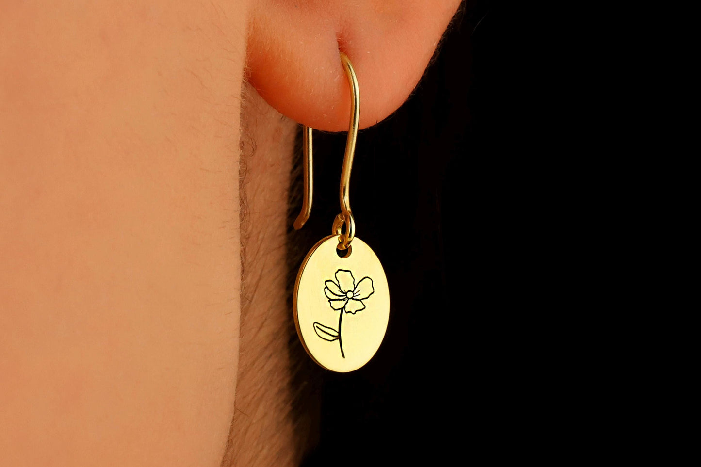 Dainty Dangle Birth Flower Earrings Gold, Sterling Silver Minimalist Month Floral Signet Earrings by NecklaceDreamWorld - silvergoldandrose