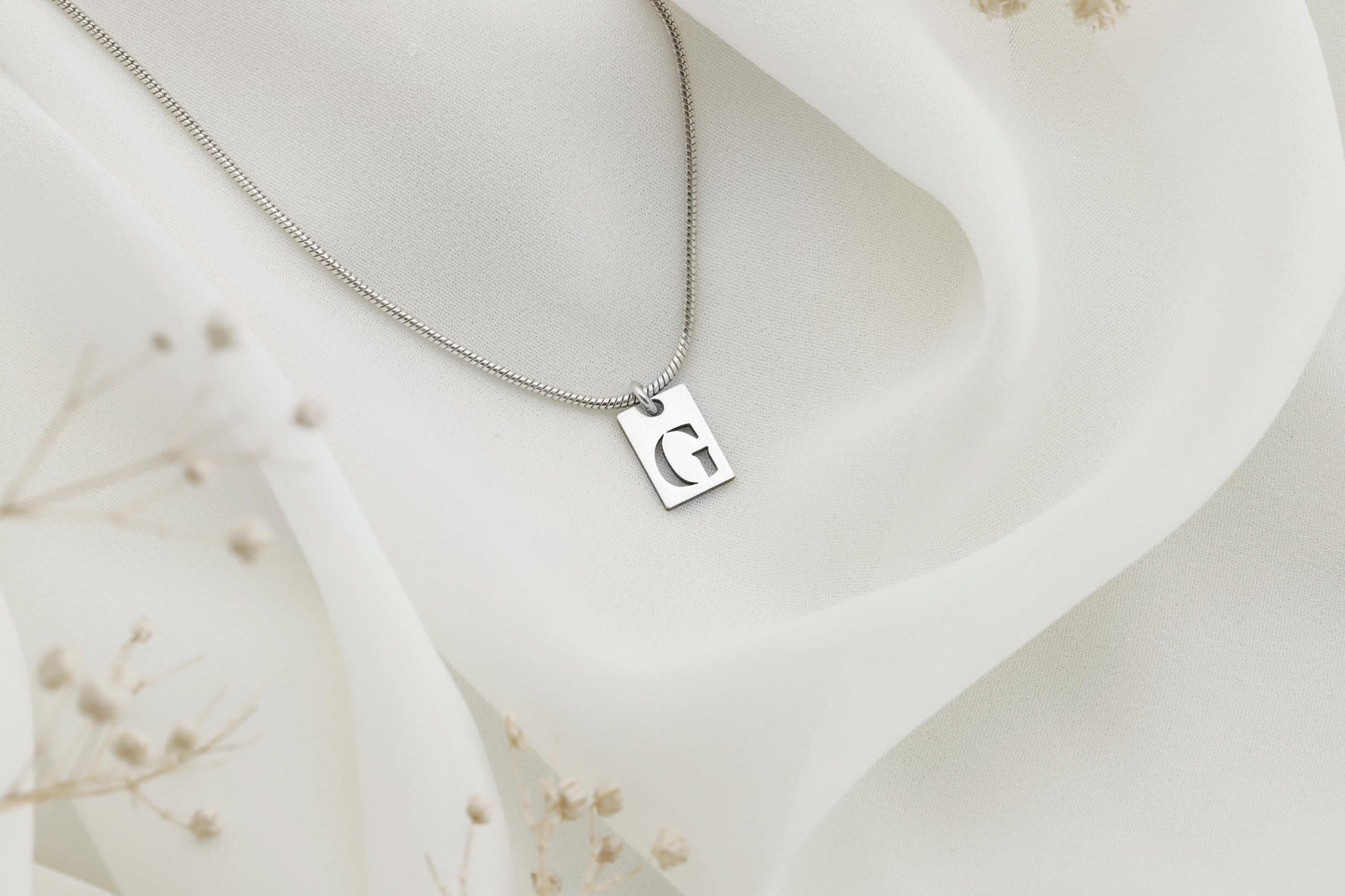 Minimalist Bar Initial Necklace • Tiny Charm Necklace with Snake Chain • Initial Charm • Cut Out Tag Charm • Letter Jewelry Gifts