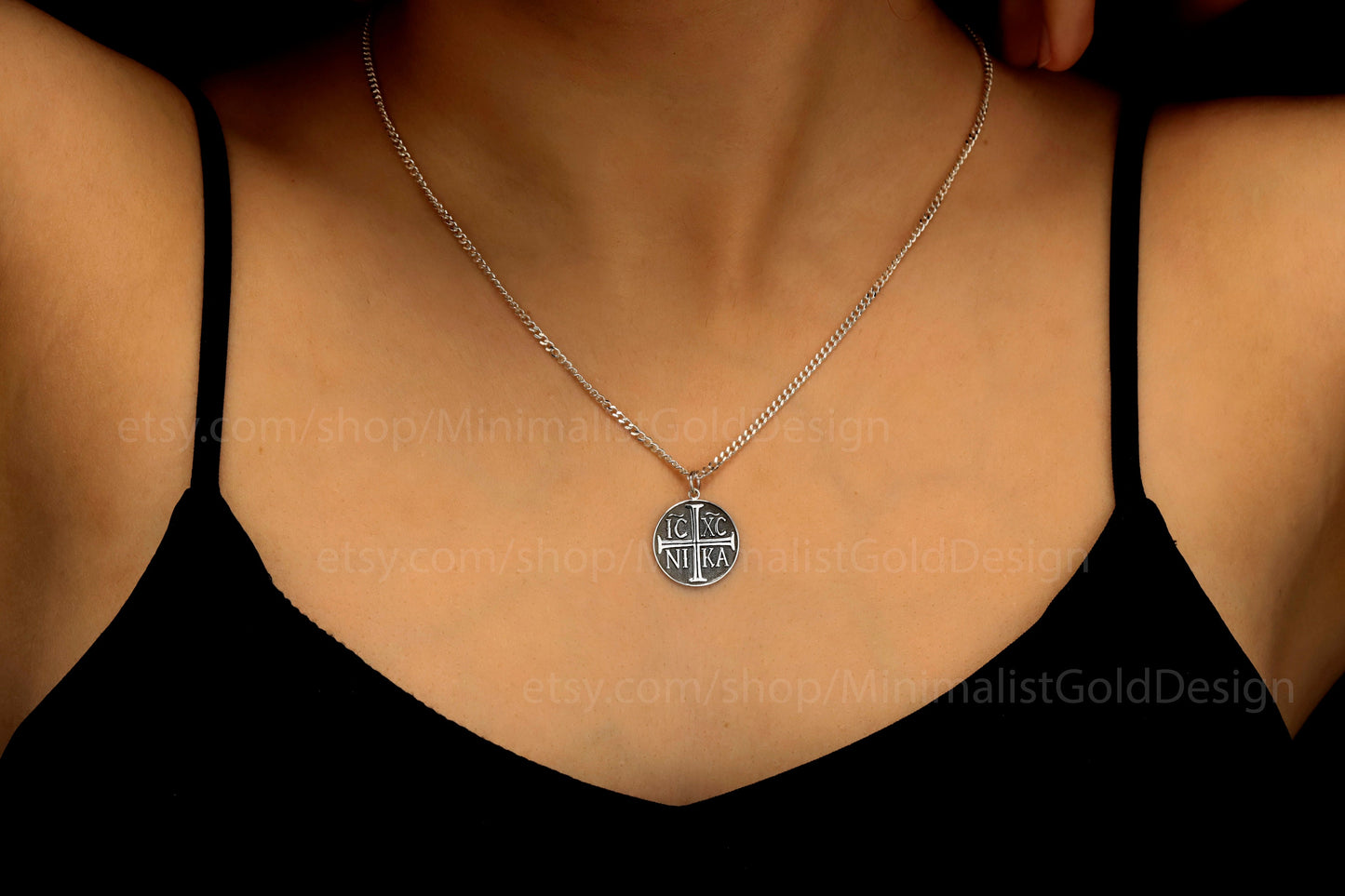 Eastern Orthodox Cross Necklace | Engraved Disc with IC XC NIKA Charm | Inspirational Christian Jewelry Gift