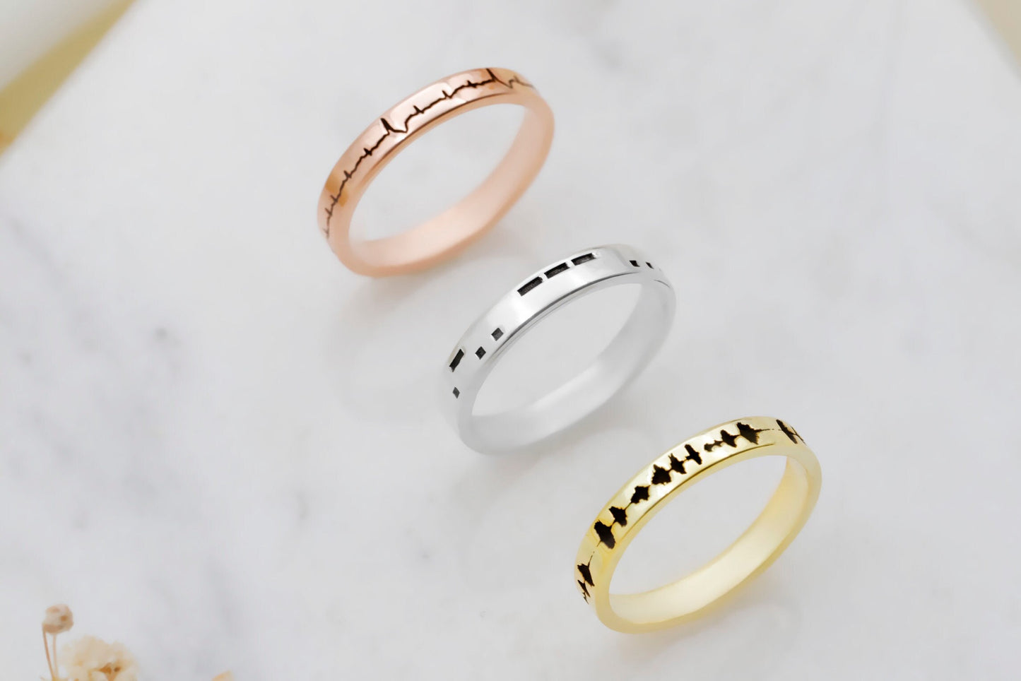Actual EKG Morse Code and Song Code Band Ring • Personalized Sterling Silver, 14K Gold or Rose Gold Filled Jewelry, Perfect Dainty Gifts - silvergoldandrose
