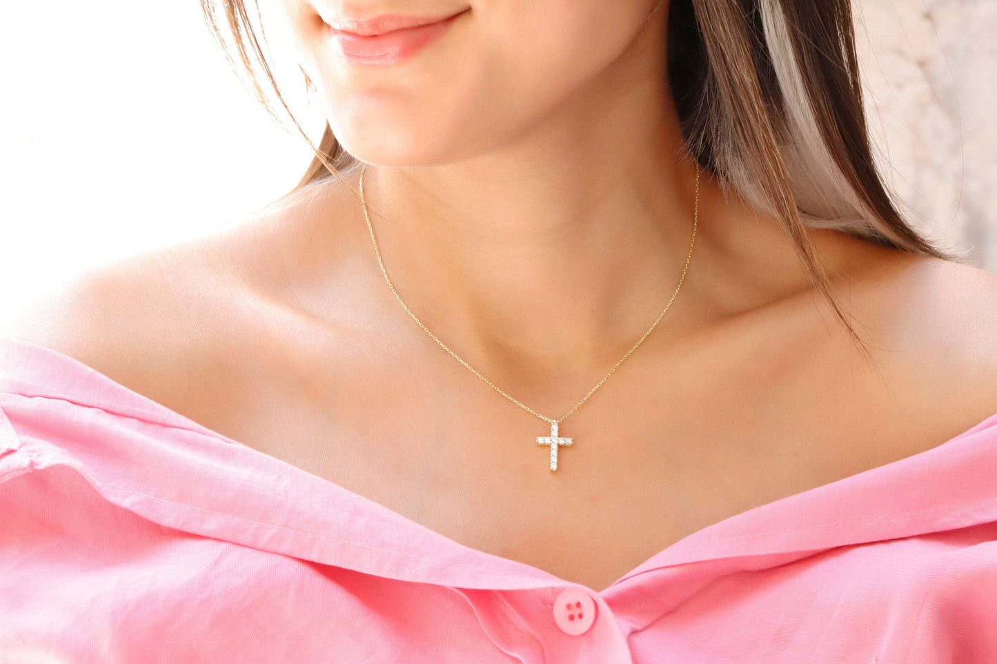 14K Gold Filled Diamond Cross Necklace • Christian Cross Pendant • Diamond CZ Cross Necklace • Cross, Religious Jewelry • Baptism Gifts - silvergoldandrose
