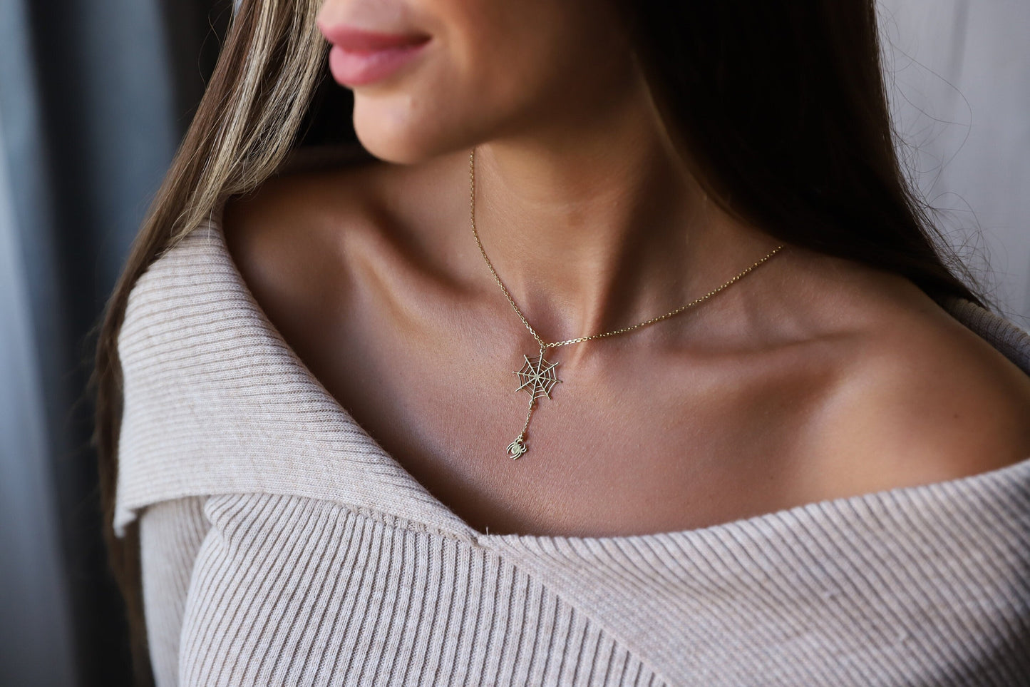 Halloween Spider Web Gold Necklace Gifts, Scary Spider Silver Jewelry by NecklaceDreamWorld - silvergoldandrose