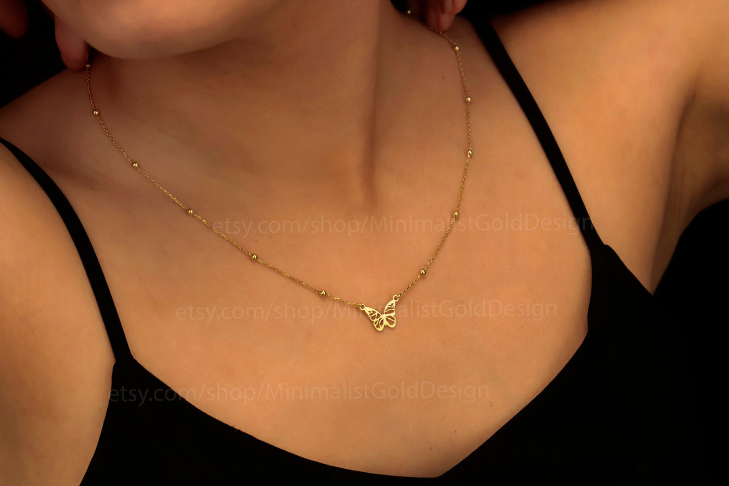 Symbol of Change Butterfly Necklace | Tiny Gold Pendant with Beaded Chain | Minimalist Gift for Her